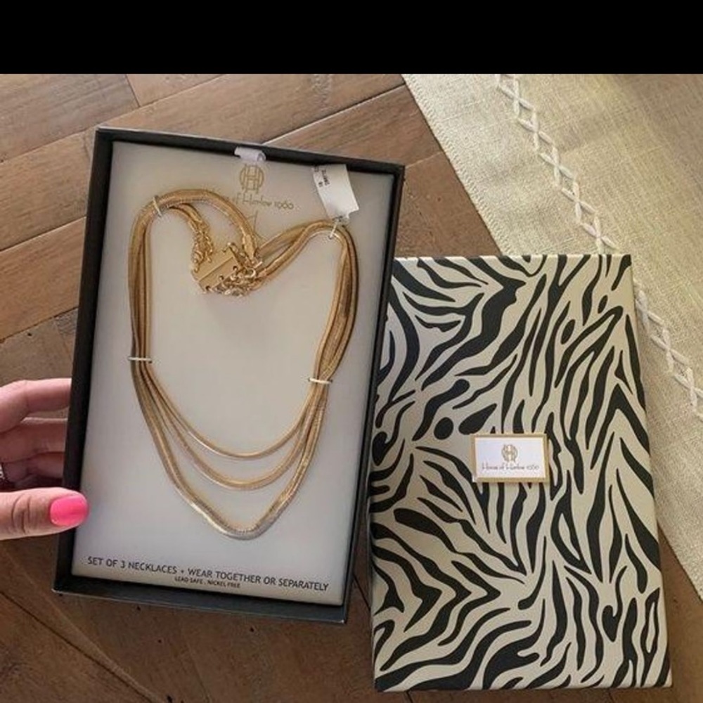 House of Harlow three layer gold necklace NWT still in original box
